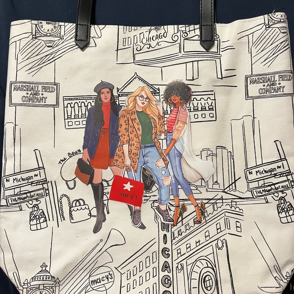 Macy's Black and Cream Canvas Chicago Themed Tote Bag